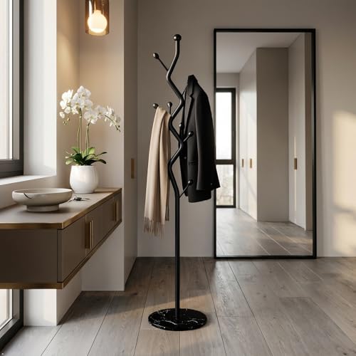 Black Tree Meta Coat Rack with Marble Base Freestanding Hall Tree | Multi-Hook Entryway Organizer for Hallway, Bedroom, Living Room (All Black) - color: All Black