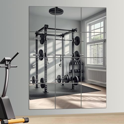 Home Gym Mirror, 12Pcs 12" Square Wall Mirror Tiles, Frameless HD Glass Full Length Wall Mirrors for Wall Decor, Bedroom, Living Room, Over The Door, Self Adhesive - size: 12Pcs- 12" × 12"