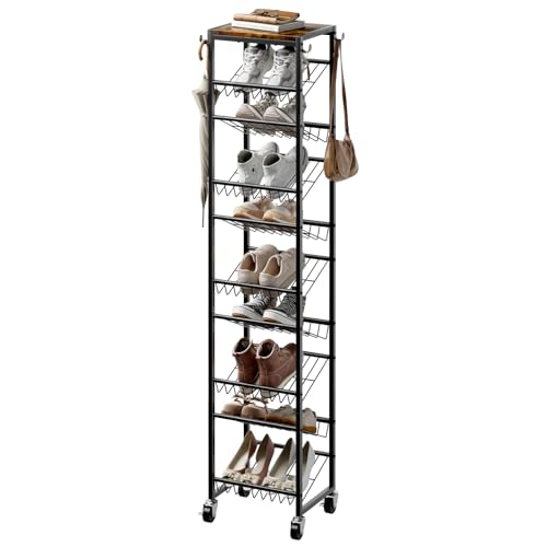 10 Tier Rotating Vertical Shoe Rack Tower, Wooden Tall Shoe Storage Organizer with Hooks, Sturdy Metal Narrow Shoe Shelf for 20 Pairs, Space Saving Rack for Closet Entryway, Rustic Brown - size: 10-tier(13.9 × 11.2 × 65.4)