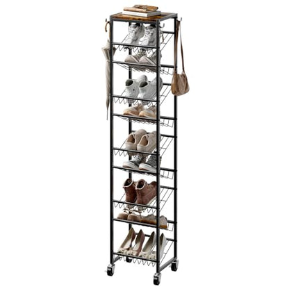10 Tier Rotating Vertical Shoe Rack Tower, Wooden Tall Shoe Storage Organizer with Hooks, Sturdy Metal Narrow Shoe Shelf for 20 Pairs, Space Saving Rack for Closet Entryway, Rustic Brown - size: 10-tier(13.9 × 11.2 × 65.4)