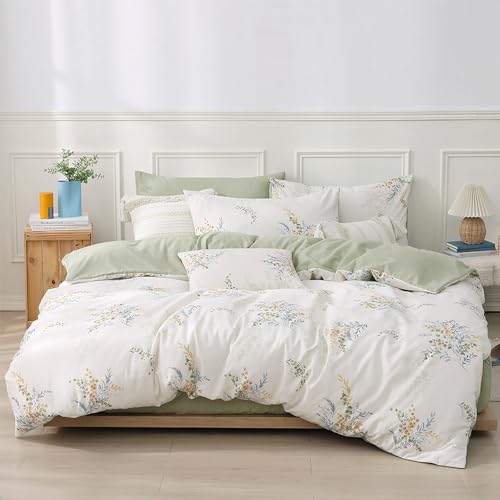 LEMIROE White Cotton Comforter Twin Size 2Pcs - Blue Branches & Orange and Green Buds on White, Chevron Sage Green Back, Reversible Lightweight Bedding Sets with Soft Fill(1 Comfoter, 1 Pillowcase) - color: Botanical Harmony - White & Sage Green, size: Tw
