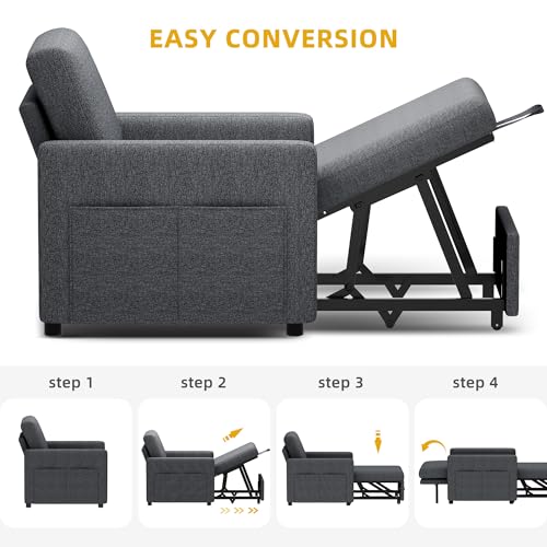 YITAHOME Convertible Sofa Chair Bed | 3-in-1 Sleeper Sofa with Pull-Out Bed, Linen Fabric Single Sleeper Chair with Reclining Backrest and Wide Armrest, Modern - color: Grey, size: 74.8 x 35.8in