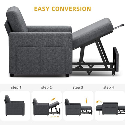 YITAHOME Convertible Sofa Chair Bed | 3-in-1 Sleeper Sofa with Pull-Out Bed, Linen Fabric Single Sleeper Chair with Reclining Backrest and Wide Armrest, Modern - color: Grey, size: 74.8 x 35.8in