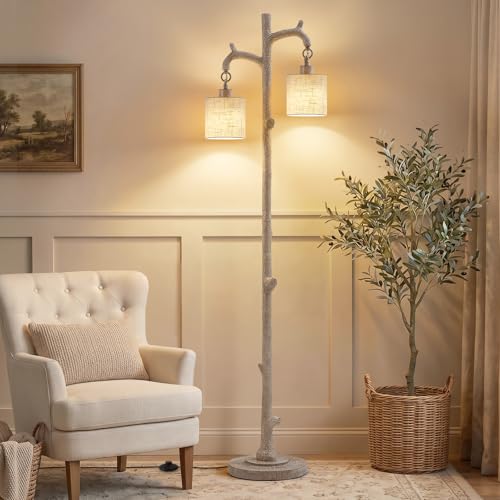EJIAXIN Floor Lamp for Living Room - 69" Rustic Tree Trunk Standing Lamps - Country Resin Tall Lamp with 2 Reading Light - Farmhouse Floor Lamp for Bedroom Office Home Decor (Grayish White) - color: Grayish White