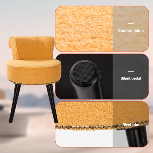 Vanity Chair with Back, Sherpa Stool with Tufted Backrest & Gold Nailhead Trim, Round Vanity Seat for Bedroom and Bathroom Makeup, Support 220lbs, Easy Assembly (Yellow) - color: Yellow