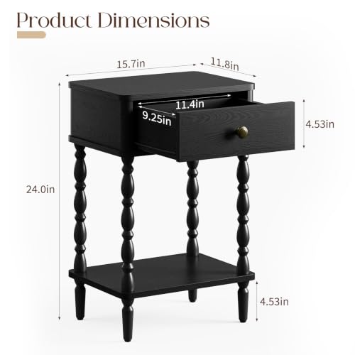 Yoobure Black Nightstand with Drawer - Small Side Table with Wood Legs | Accent Night Stand Bedside Table for Bedroom, Mid Century Modern End Tables Living Room, Vintage Nightstands for Small Space - color: Black
