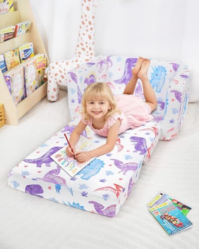 Kids Couch, 2-in-1 Kids Fold Out Couch | Convertible Sofa to Lounger for Girls and Boys, Soft Toddler Chairs Comfy 1-3 Years Old, White Dinosaur - color: White Dinosaur
