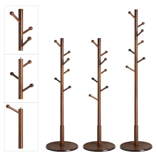 VASAGLE Solid Wood Coat Rack, Free Standing Hall Coat Tree with 7 Hooks, 3 Height Options, for Coats, Hats, Bags, Purses, for Entryway, Hallway, Rubberwood Hooks and Pole, Dark Walnut URCR07WN - color: Dark Walnut, style: Round Base + Spherical Hooks