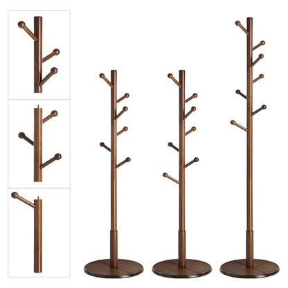 VASAGLE Solid Wood Coat Rack, Free Standing Hall Coat Tree with 7 Hooks, 3 Height Options, for Coats, Hats, Bags, Purses, for Entryway, Hallway, Rubberwood Hooks and Pole, Dark Walnut URCR07WN - color: Dark Walnut, style: Round Base + Spherical Hooks