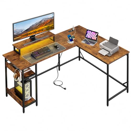 DEVAISE 55 Inch L Shaped Gaming Desk with LED Lights and Power Outlets | Reversible corner desk with monitor stand, 2-tier shelves, and app-controlled lighting for work or gaming spaces - size: 55 Inch
