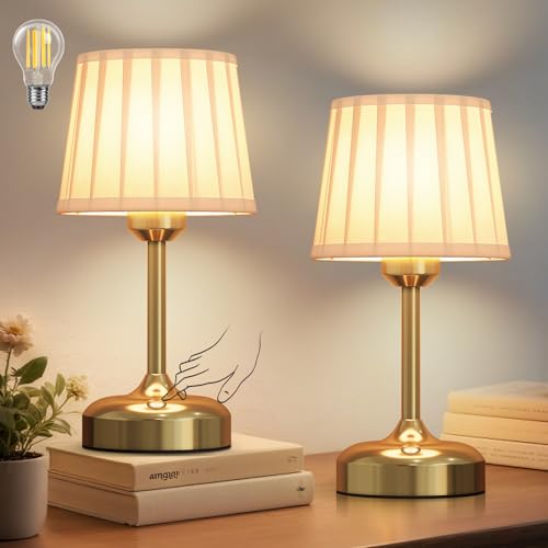 Cordless Table Lamp, Rechargeable Small Desk Lamp Faric Shade 5000mAh Beattery Powered Lamp Touch Stepless Dimmable Bedside Table Lamp for Bedroom, Living Room, Dining Room, Camping Gold - color: Gold-2 Pcs