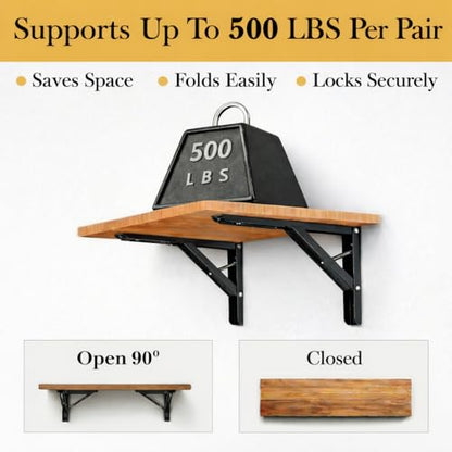 Folding Shelf Brackets 20 Inch Heavy Duty, Set of 2, 500 lbs, Collapsible Bracket with Locking Hinge for Fold Down Table, Wall Mounted Desk, Workbench, Laundry Room – Space Saving
