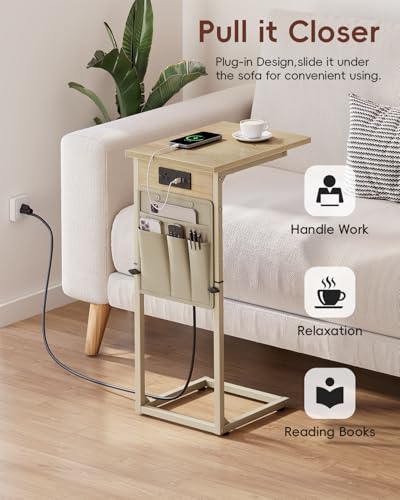 C Shaped End Table with Charging Station, Adjustable Height C Table End Table, Small Side Table for Couch, Couch Table Slide Under Sofa Table TV Tray Arm Table for Living Room,Bedroom,Natural - color: Natural Walnut, style: With Plug
