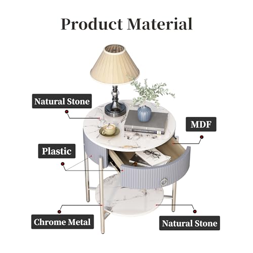 OIOG Nightstand with Drawer and Shelf, Marbling Natural Stone/Silver | Round Modern Side Table, Storage, Shelf, Chrome Finish Metal Legs, 2 Tier End Table, For Living Room, Bedroom, Office - color: Silver
