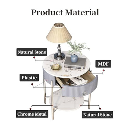 OIOG Nightstand with Drawer and Shelf, Marbling Natural Stone/Silver | Round Modern Side Table, Storage, Shelf, Chrome Finish Metal Legs, 2 Tier End Table, For Living Room, Bedroom, Office - color: Silver