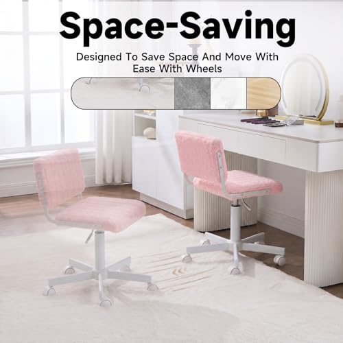 Office Chair Vanity Chair with Wheels | Comfy Desk Chair with Back | Cute Teddy Armless Adjustable Swivel Chair | Small Vanity Stool | for Bedroom Home Computer Task | Pink - color: Pink