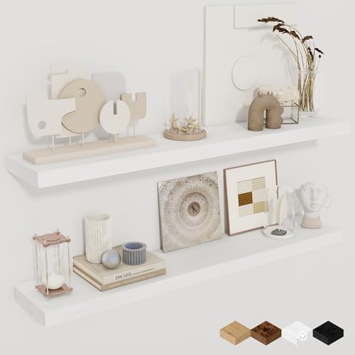 Fun Memories 36Inch Floating Shelves for Wall 2 Pack Wood Shelves for Kitchen, Bathroom, Bedroom Wall Mounted Rustic Wood Floating Shelf with Invisible Brackets for Books, Storage, Decor, White - color: White, size: 36"W x 6.5"D, 2Packs