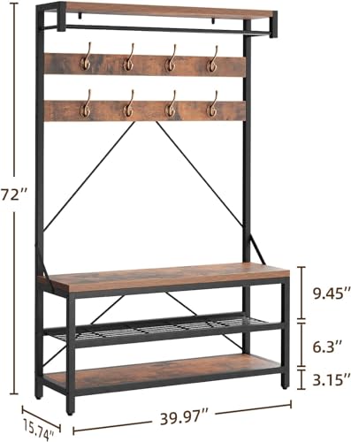 Takywep 72" Coat Rack Shoe Bench, Industrial Hall Tree Storage Bench for Entryway, Wood Look Accent Large Shoe Rack with Storage Shelf Hanging Bar and 8 Hooks - color: Rustic Brown