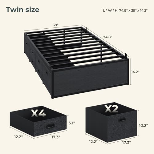 ADORNEVE Twin Bed Frame with 6 Storage Drawers, Metal Platform Bed | Black Bed Frame with Steel Slat Support for Boys/Kids/Teen, Storage Space Under Frame, Easy Assembly, Noise-Free - size: Twin-6 Drawers