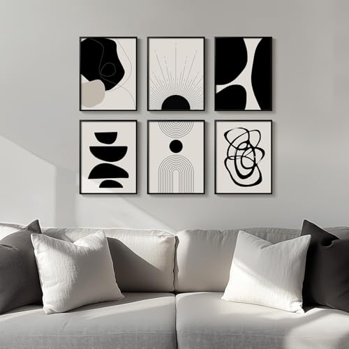 Framed Boho Black and White Abstract Wall Art, Set of 6 Modern Canvas Prints Paintings Artwork for Walls, Minimalist Geometric Pictures for Living Room Bedroom Office Bathroom Wall Decor 11x14 Inch - color: Black and White