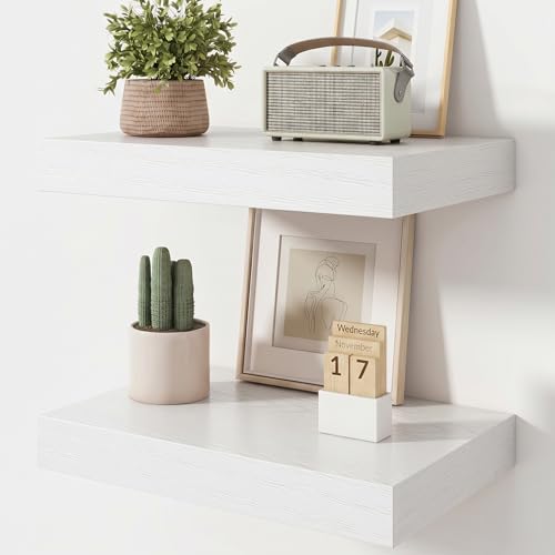 20 Inch Floating Shelves, 12'' Deep White Shelves for Wall Set of 2 | Invisible Brackets, Engineered Wood, Mounting Hardware Included, 35LBS, Bathroom, Laundry Room, Kitchen, Living Room - color: White, size: 20W x 11.6D x 2H, 2 Pack