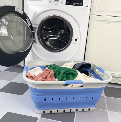 SAMMART 42L (11 gallon) Collapsible Plastic Laundry Basket - Foldable Pop Up Storage Container/Organizer - Space Saving Hamper/Basket (1, Grey/Little Boy Blue) - color: Grey/Little Boy Blue