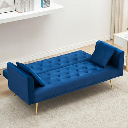 71" Modern Velvet Sofa Bed Futon, Convertible Sleeper Couch, Adj. Backrest | Tufted Recliner Loveseat Design with Golden Chrome Legs & 2 Pillows, Perfect for Small Spaces, Living Room, Apartment - color: Blue