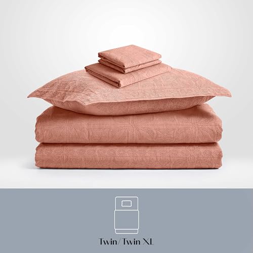 Clara Clark Quilts Twin Size - All Season Bedspread Coverlet Set, Pinsonic Weave Lightweight Bedding Set - 5 Piece Twin Quilt Set with Pillow Shams, Bali Blush - Twin Grid - color: 31 – Bali Blush – Grid, size: Twin