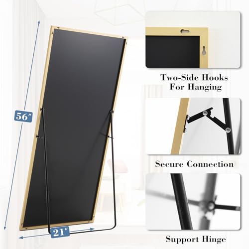 NEWBULIG Full Length Floor Mirror 56"x21", Body Standing Mirror | Wall Hanging or Leaning, Shatter-Proof Glass, Aluminum Alloy Frame with Stand, Home Decor Bedroom, Gold - color: Gold-rect, size: 56"L x 21"W