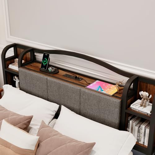 King Size Bed Frame with LED Lights & Charging Station | Upholstered Headboard & Footboard, No Box Spring Needed, Noise-Free Easy Assembly, Large Under Bed Storage - size: King