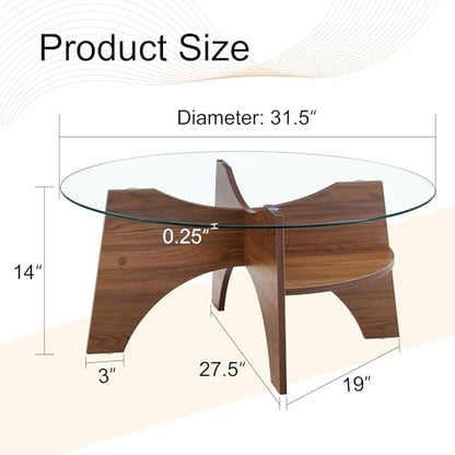 31.5" Round Glass Coffee Table with Tempered Glass Top and MDF Base, Diagonal Fan-Shaped Tray Design Table Leg Simple & Modern Center Table for Living Room Office Apartment Walnut - color: D-5, size: Round