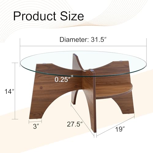 31.5" Round Glass Coffee Table with Tempered Glass Top and MDF Base, Diagonal Fan-Shaped Tray Design Table Leg Simple & Modern Center Table for Living Room Office Apartment Walnut - color: D-5, size: Round