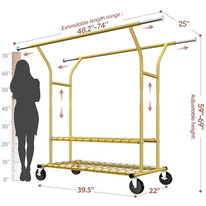 Raybee 74" W Clothes Rack 630 LBS Heavy Duty Double Rods Adjustable Size | 2 Shelves 2 Rods, Industrial Stainless Steel, 360°Lockable Wheels, 15-Min Tool-free Assembly, Bedroom Closet Living Room - color: Gold