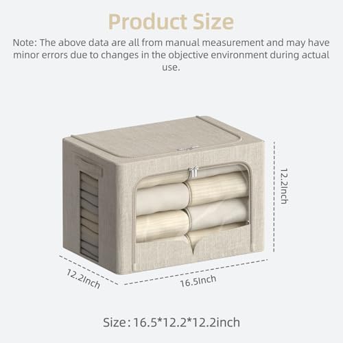FHSQX 3 Pack Clothes Storage Bins - Foldable Metal Frame Storage Box - Stackable Linen Fabric Container Organizer Set with Carrying Handles and Clear Window (Beige, 16.5x12.2x12.2inch(40L)) - color: Beige, size: 16.5x12.2x12.2inch(40L)