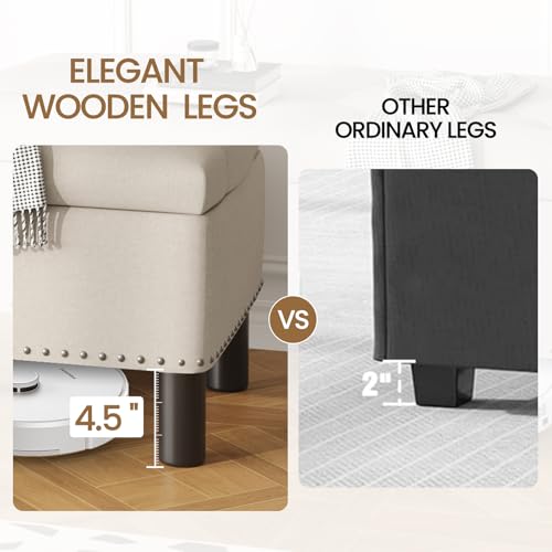 Large Storage Ottoman, Beige, Wood Frame, Linen Fabric, 285 Lbs Capacity - color: Beige
