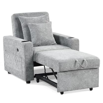 MCombo Convertible Sleeper Chair Bed, 3-in-1 Folding Sofa Chair with Adjustable Backrest, Pull-Out Bed with USB Port, Cup Holders, Linen Fabric, for Small Spaces Living Room Guest Room Office VN6001