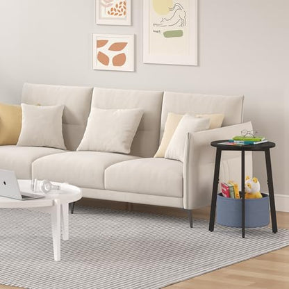 sthmec Small Round Side End Table with Cloth Storage Basket, Round Bedside Sofa Couch Coffee Tables for Small Places with Metal Frame, Modern Nighstands for Living Room Bedroom, Black - color: Black