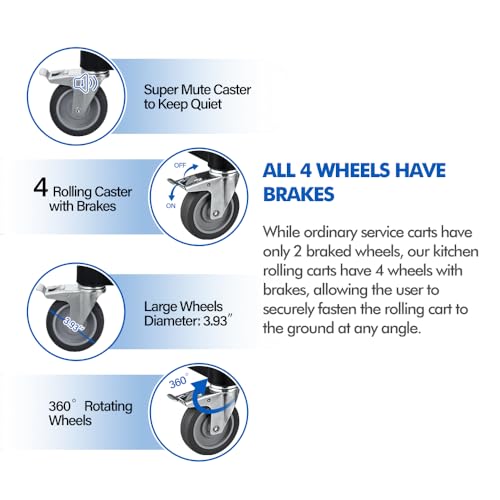 Utility Rolling Carts with Wheels, Large Size Plastic Service Carts, Heavy Duty Restaurant Cart with 4 Lockable Brake Wheels for Kitchen/Office/Warehouse (3 Tier - 34×17×37inches / 510lbs) - size: 3 Tier - 34×17×37inches / 510lbs