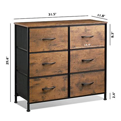 WLIVE Dresser for Bedroom with 6 Drawers, Rustic Brown Wood Grain Print | Closet Dresser, Metal Frame, Wooden Top, Fabric Dresser for Closet, Living Room, Hallway - color: Rustic Brown Wood Grain Print