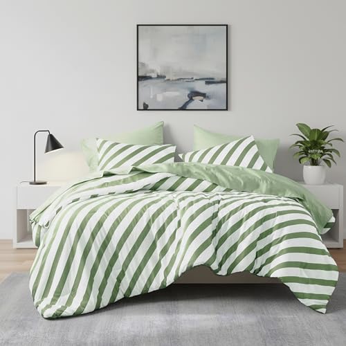 Reversible Striped Queen Comforter Set-Bed in A Bag 7-Pieces Bedding Set with Double-sided Stripe Design-Warm & Cozy Bed Set Includes Queen Size Comforter, Sheets Set, Pillowcases and Sham, Sage Green - color: Sage Green, size: Queen
