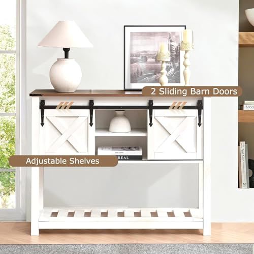 Farmhouse Entryway Table with Sliding Barn Doors, Wood Console Table with Storage Shelf, Rustic Sofa Table for Living Room, Entryway, Foyer, White - color: White