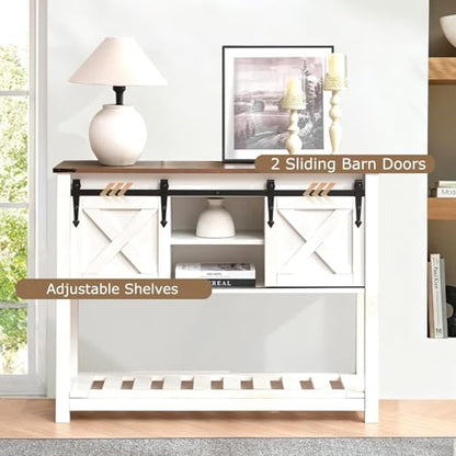 Farmhouse Entryway Table with Sliding Barn Doors, Wood Console Table with Storage Shelf, Rustic Sofa Table for Living Room, Entryway, Foyer, White - color: White