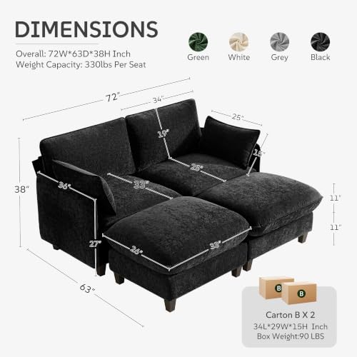 Ihanherry 72" Loveseat Sofa, Cloud Couch with Oversized Large Cushions & Movable Ottoman, Chenille Deep Seat Couch for Living Room, Black - color: Black, size: 72'' Loveseat