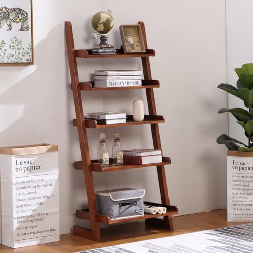 5-Tier Ladder Shelf, Minimalism Wood Ladder Bookshelf L-Shaped Leaning Storage Bookshelf Freestanding Open Bookcase for Living Room Bedroom Offices (Walnut Brown)