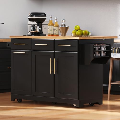 Kitchen Island with Trash Can Storage & Pull-Out Trays | Solid Rubberwood Countertop Kitchen Island on Wheels, Drop Leaf, Power Outlet, 3 Drawers - color: Black