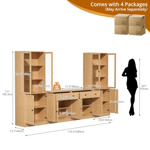 TUSY 71" TV Stand Storage Set - 2 Tall Bookcases & 2 Side Cabinets, Media Console with Glass & Wood Doors, Entertainment Center with Drawers, Tall Media Console for Living Room (Wood, AEEA) - color: Wood