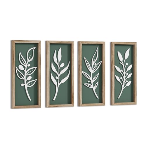 3D Tree Leaf Sage Green Boho Wall Art Lightweight (Set of 4), Minimalist Botanical Farmhouse Wooden Framed Bathroom Wall Decor For Living Room Bedroom Kitchen Office Hallway Decorations - color: Tree leaf Green (Set of 4)