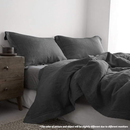Simple&Opulence 100% Linen Duvet Cover Set with Embroidery Border Washed - 2 Pieces (1 Duvet Cover & 1 Pillow Sham) with Button Closure Soft Breathable Farmhouse - Dark Grey, Twin Size - color: Dark Grey, size: Twin