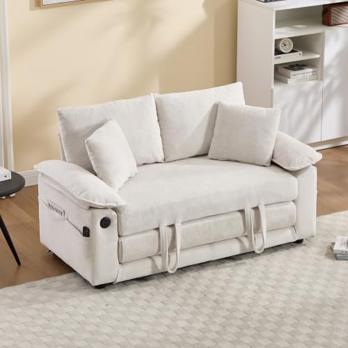 3-in-1 Convertible Pull Out Loveseat Sofabed, Upholstered Sleeper Sofa Bed | Foldable Loveseat Sleeper Couch, Space‑Saving Lounge Mattress Sofa with Pillows & Cushion for Living Room/Apartment, White - color: White