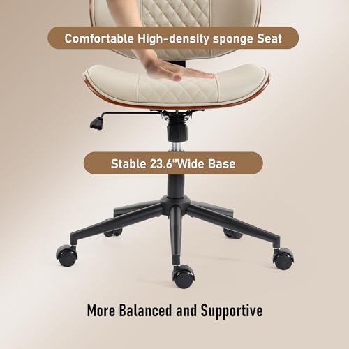 Modern Walnut Home Office Chair, Executive Desk Chair No Arms Beige | with Wheels, Adjustable Height, Comfy PU, Deeper Cushion, Mid Back, 360 Swivel Computer Chair - color: Beige
